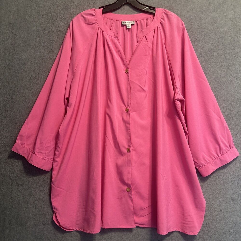 Catherines Button Down Shirt‎ Womens Plus Size 1X Pink 3/4 Sleeve Office Career